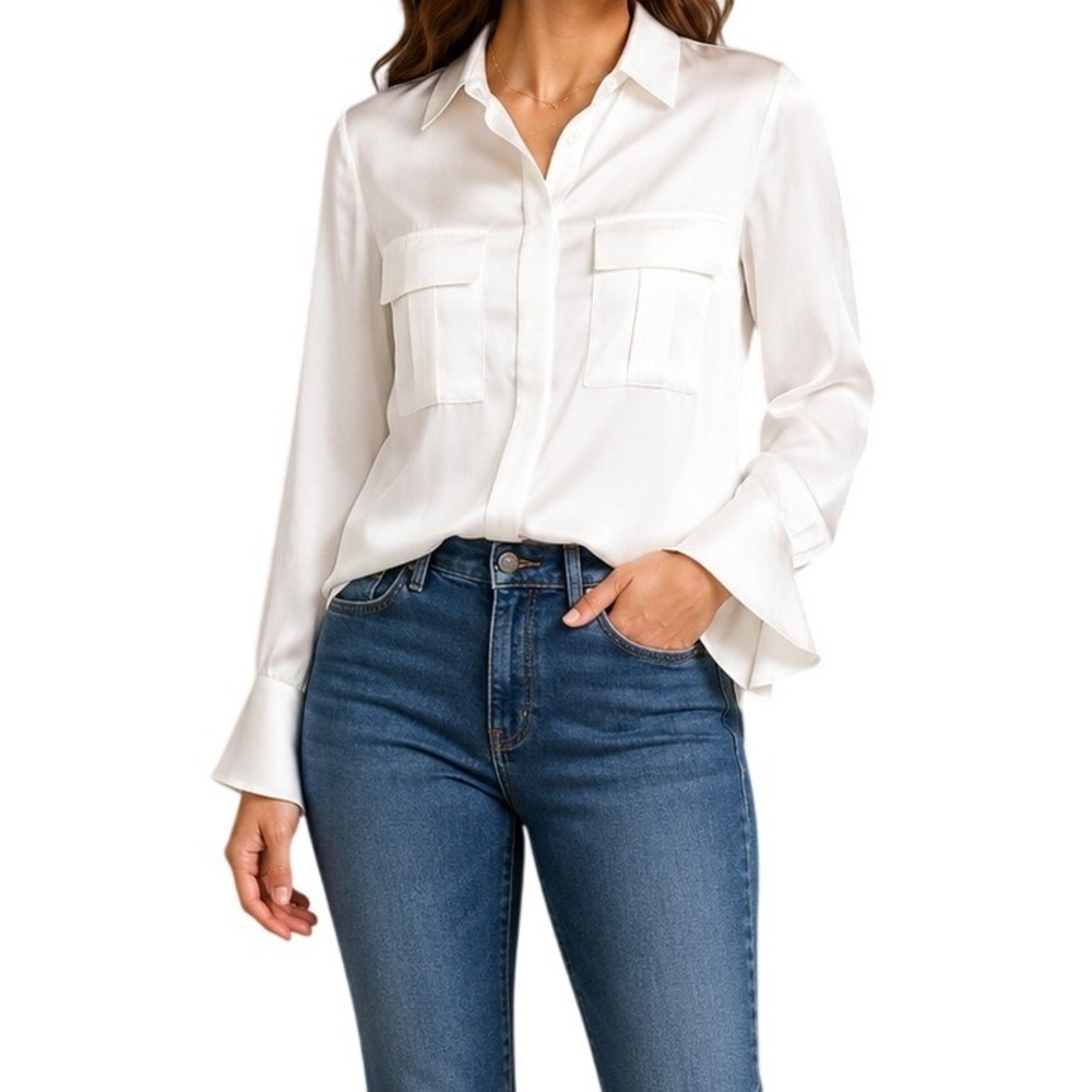 Grace Karin White Satin Long Sleeve Button Down Blouse Women's Small